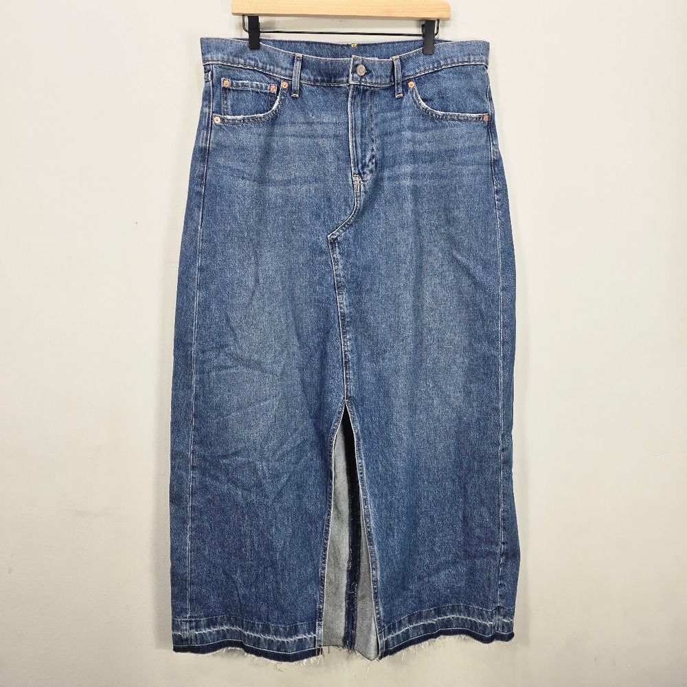 Gap Denim Mixi Skirt 33 16 Tall Med Wash Front Slit Frayed Hem Western Country
